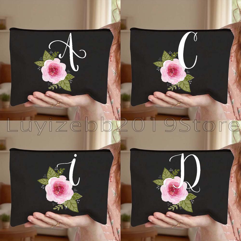 Monogram Custom Case - Tas Kosmetik Kanvas Motif Bunga Mawar